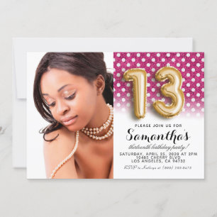 13th Birthday Polkadot Glitter Portrait Invitation