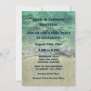 13th Birthday Pool Sandy Beach Water Abstract Cool Invitation