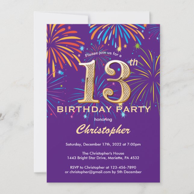 13th Birthday Purple and Gold Rainbow Fireworks Invitation (Front)