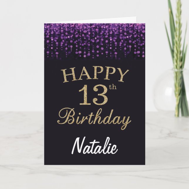 13th Birthday Purple Black and Gold Glitter Card (Front)