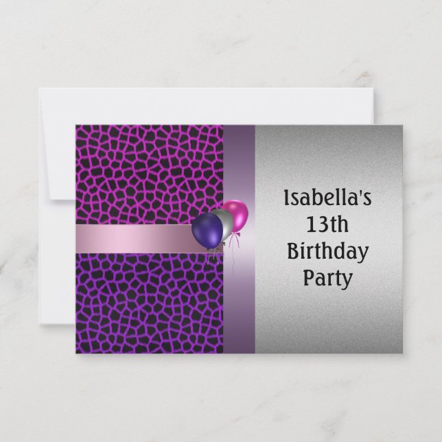 13th Birthday Purple Pink Black Pattern & Balloons Invitation (Front)