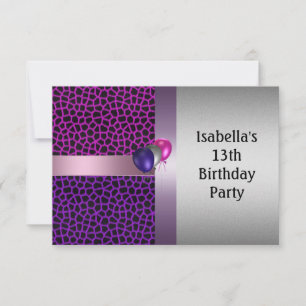 13th Birthday Purple Pink Black Pattern & Balloons Invitation