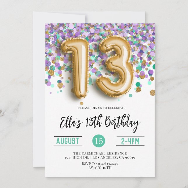 13th Birthday Purple Teal Confetti Invitation (Front)