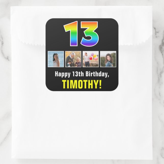 13th Birthday: Rainbow “13”; Custom Photos & Name Square Sticker (Bag)