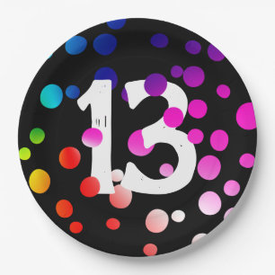 13th Birthday Rainbow Dots on Black Paper Plate