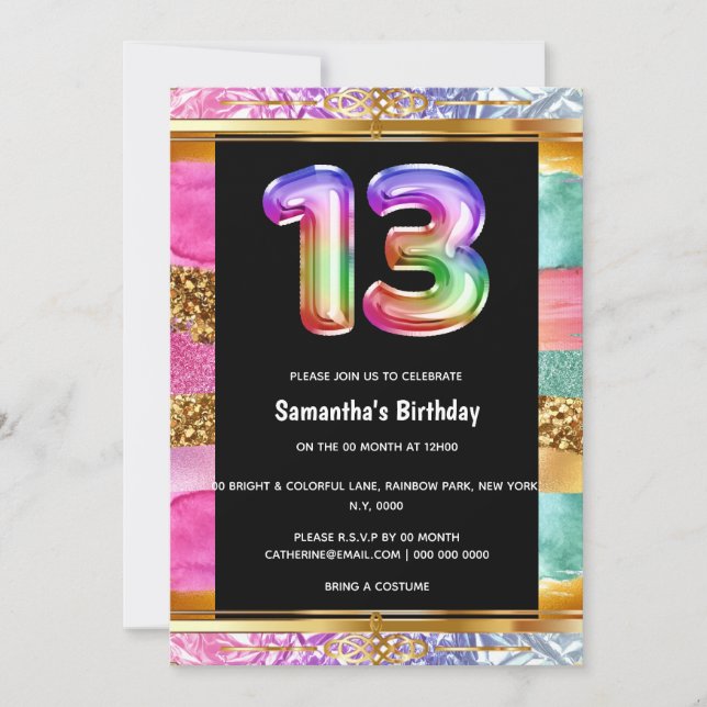 13th birthday rainbow glitter colourful party invitation (Front)