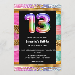 13th birthday rainbow glitter colourful party invitation