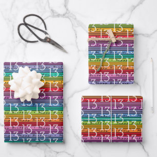 13th Birthday Rainbow Stripe Typography Wrapping Paper Sheet