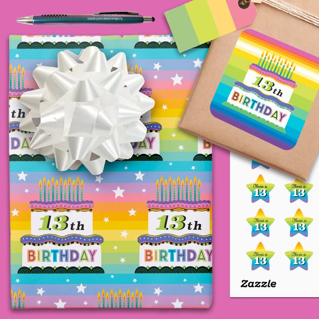 13th Birthday Rainbow Stripes Cake Wrapping Paper Sheet (Creator Uploaded)
