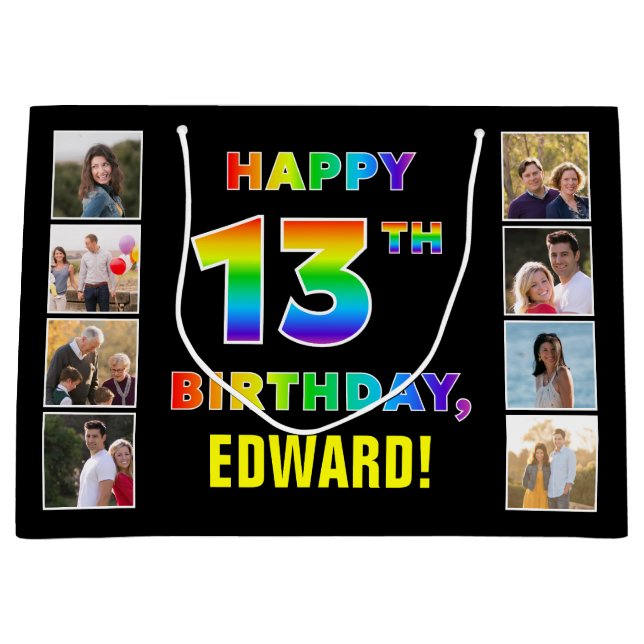 13th Birthday: Rainbow Text, Custom Photos & Name Large Gift Bag (Front)