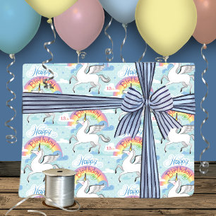 13th Birthday Rainbow Unicorn Blue Clouds Stars  Wrapping Paper Sheet