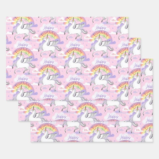 13th Birthday Rainbow Unicorn Pink Clouds Stars   Wrapping Paper Sheet (Set)