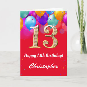 13th Birthday Red and Gold Colourful Balloons Card