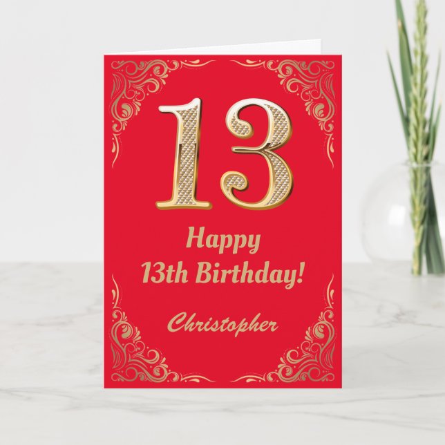 13th Birthday Red and Gold Glitter Frame Card (Front)