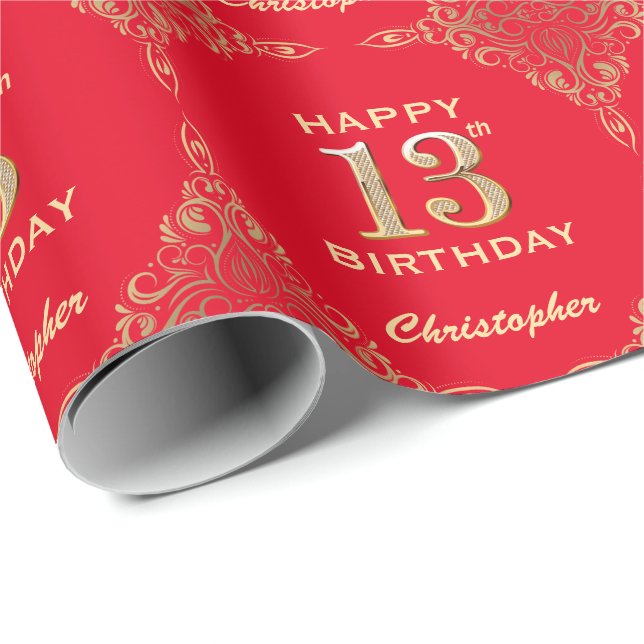 13th Birthday Red and Gold Glitter Frame Wrapping Paper (Roll Corner)