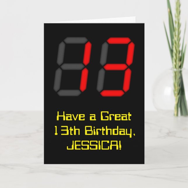13th Birthday: Red Digital Clock Style "13" + Name Card (Front)