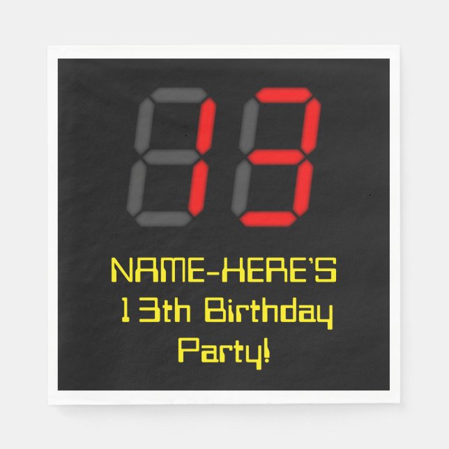 13th Birthday: Red Digital Clock Style "13" + Name Napkin (Front)