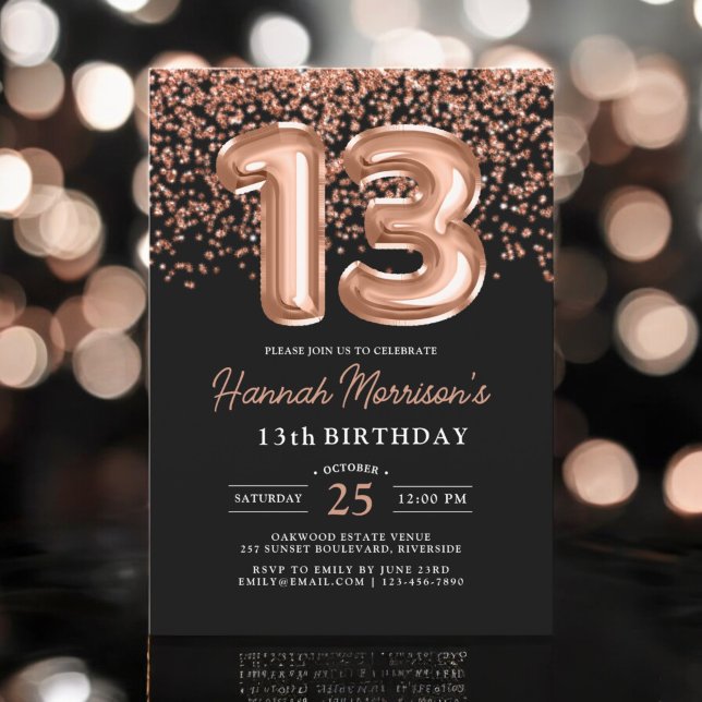 13th Birthday Rose Gold Black Balloons Party  Invitation (Creator Uploaded)