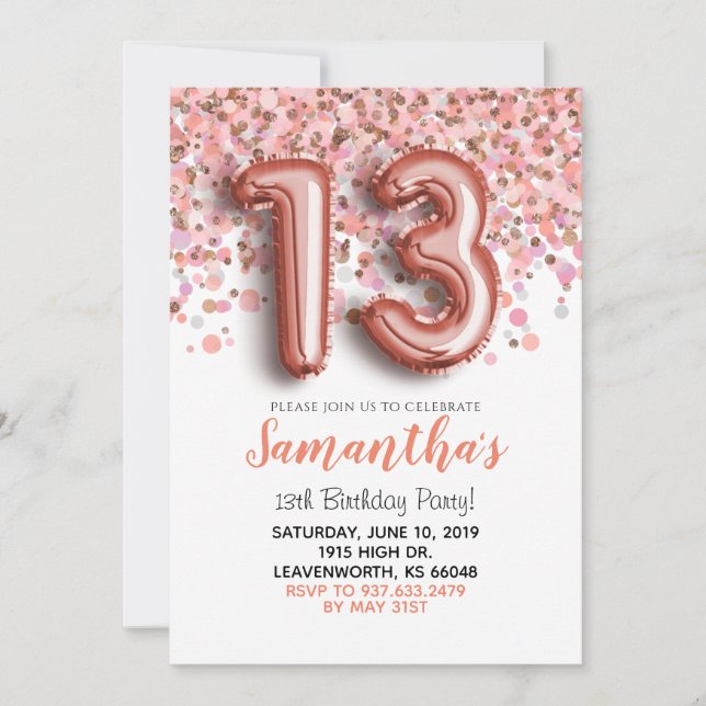13th Birthday Rose Gold Confetti Invitation (Front)