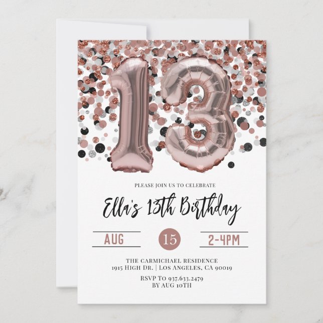 13th Birthday Rose Gold Confetti Invitation (Front)