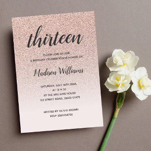 13th Birthday Rose Gold Ombre Glitter Invitation