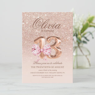 13th Birthday Rose Pink Gold Bow Birthday Party Invitation