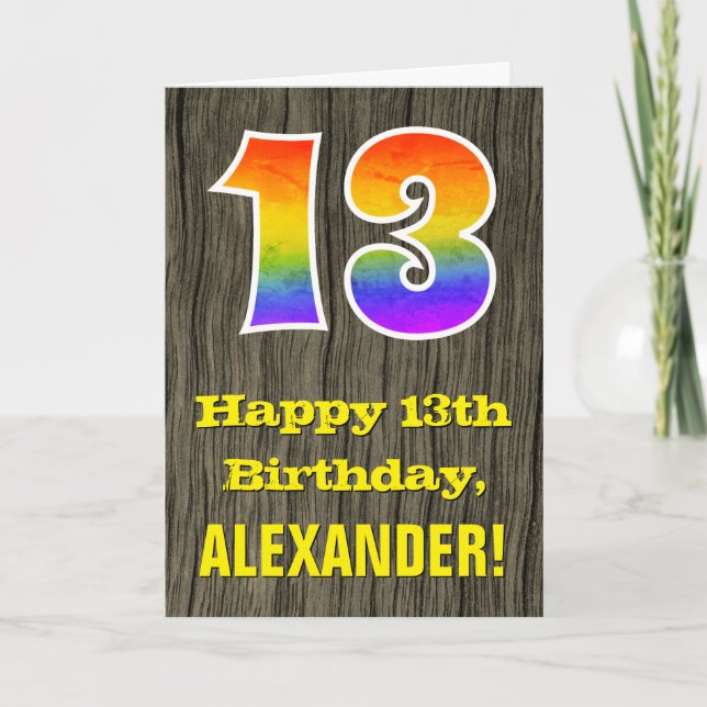 13th Birthday: Rustic Faux Wood Look, Rainbow "13" Card (Front)