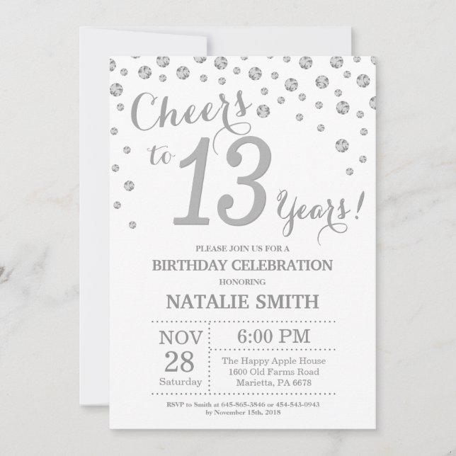 13th Birthday Silver Glitter Diamond Invitation (Front)