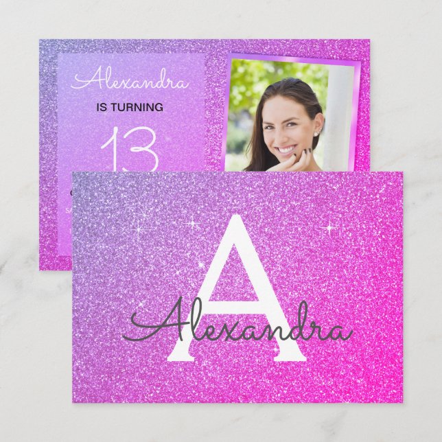 13th Birthday Sparkle Purple Pink Photo Invitation (Front/Back)
