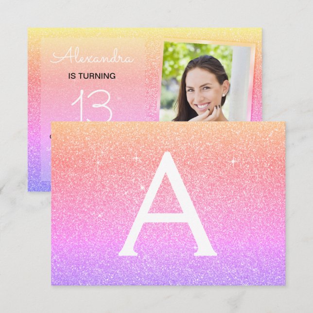 13th Birthday Sparkle Rainbow Photo Invitation (Front/Back)