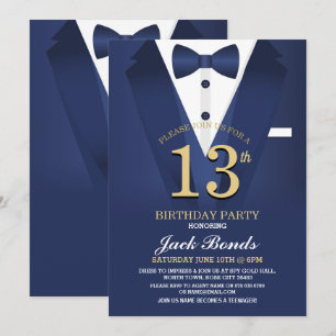 13th Birthday Spy Suit Black Tie Navy Teenager 13 Invitation