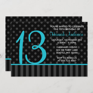 13th Birthday Teal Blue Black Polka Dot Stripes Invitation