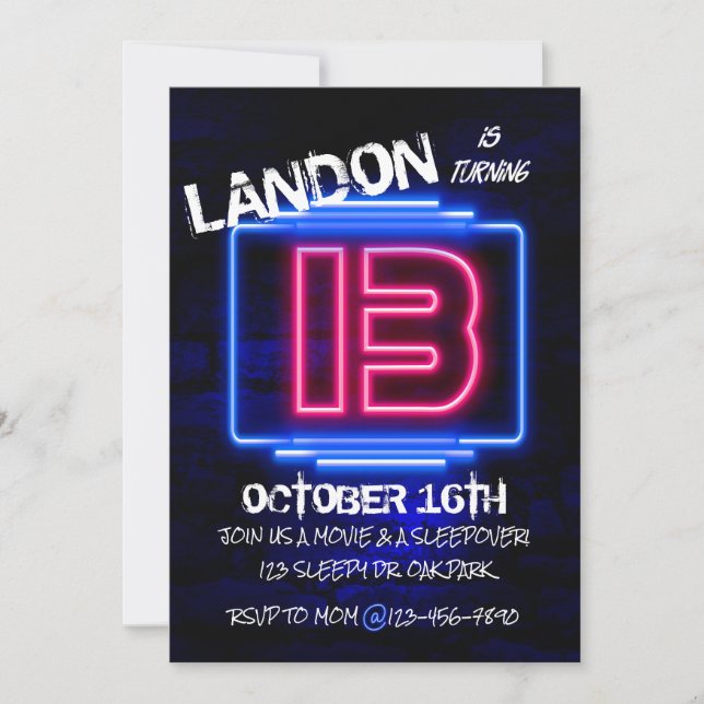 13TH BIRTHDAY, TEEN PARTY, NEON, GLOW PARTY INVITATION (Front)