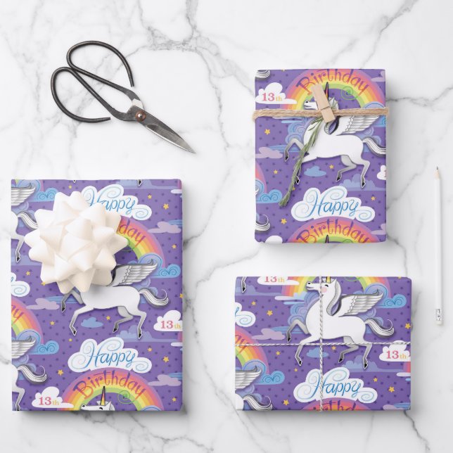 13th Birthday Unicorn Wrapping Paper Sheet (Front)