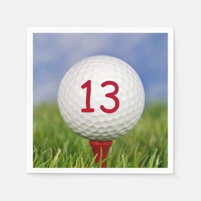 13th birthday white golf ball on red tee napkin (Front)