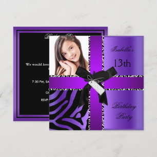 13th Birthday Zebra Cow Purple Black White Invitation