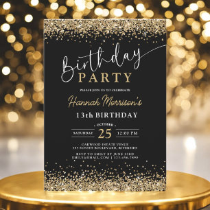 13th Black Gold Glitter Any Age Birthday  Invitation