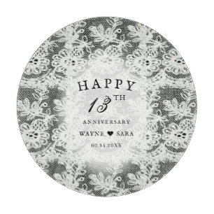 13th Black + White Lace Wedding Anniversary Cutting Board