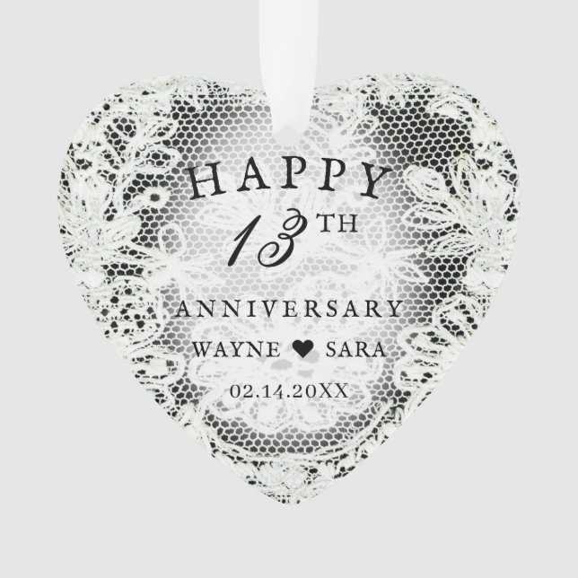 13th Black + White Lace Wedding Anniversary Ornament (Front)