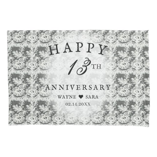 13th Black + White Lace Wedding Anniversary Pillowcase (Front-Left)
