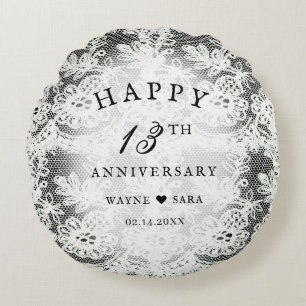 13th Black + White Lace Wedding Anniversary Round Cushion