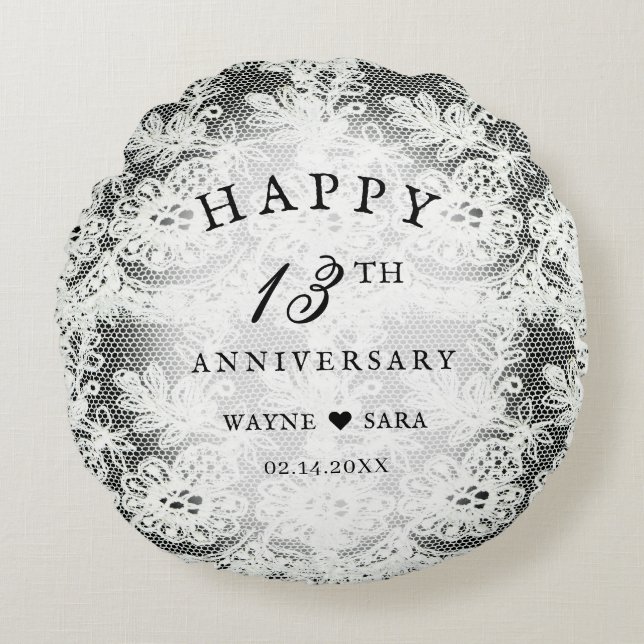 13th Black + White Lace Wedding Anniversary Round Cushion (Front)