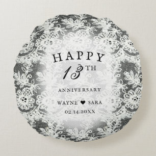 13th Black + White Lace Wedding Anniversary Round Cushion