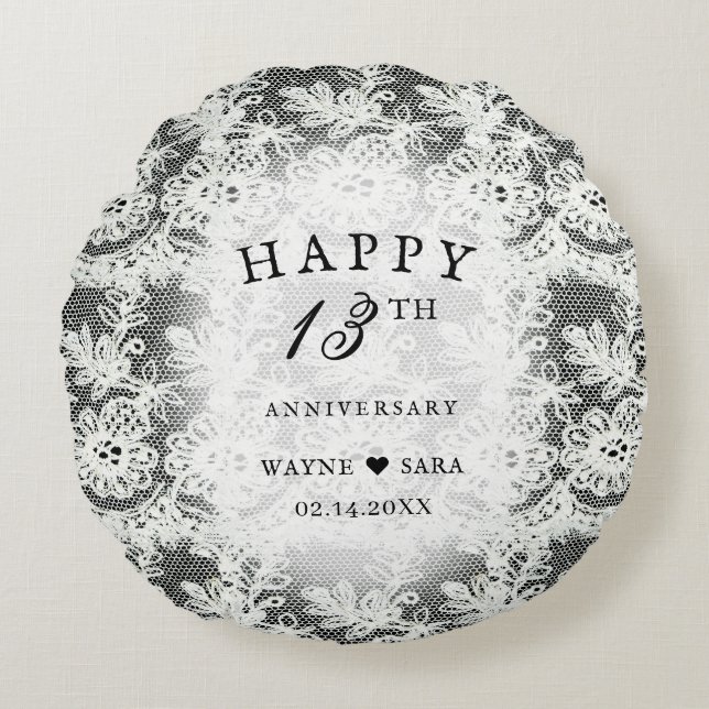 13th Black + White Lace Wedding Anniversary Round Cushion (Front)