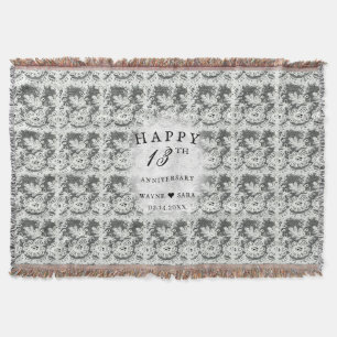 13th Black + White Lace Wedding Anniversary Throw Blanket