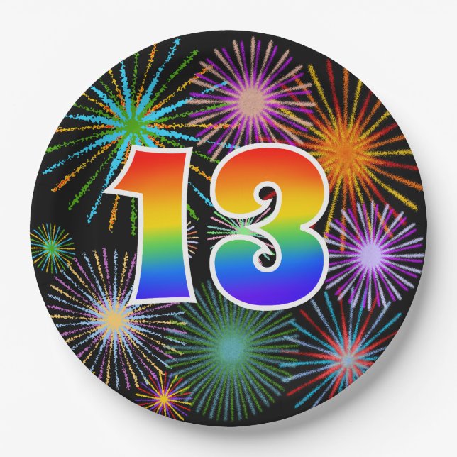 13th Event - Fun, Colourful, Bold, Rainbow 13 Paper Plate (Front)