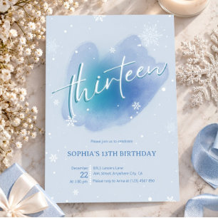 13th Frozen Winter Blue Snowflake Birthday Invitation