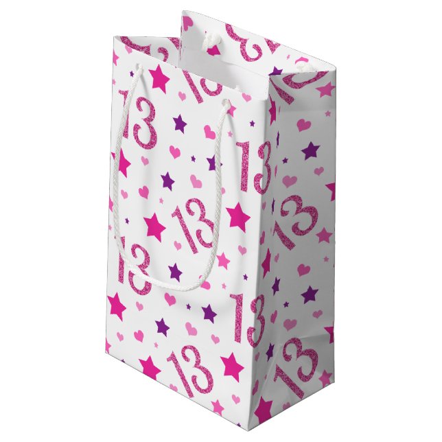 13th Girl Birthday Gift Bag Pink Purple Glitter (Back Angled)