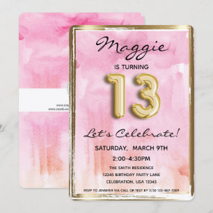 13th Girl Birthday Pink and Gold Invitation