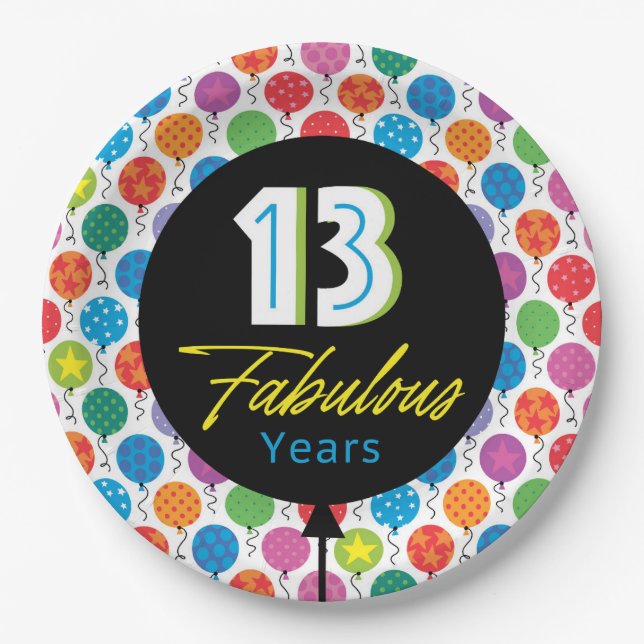13th Happy Birthday Bright Graphic Balloon  Paper Plate (Front)